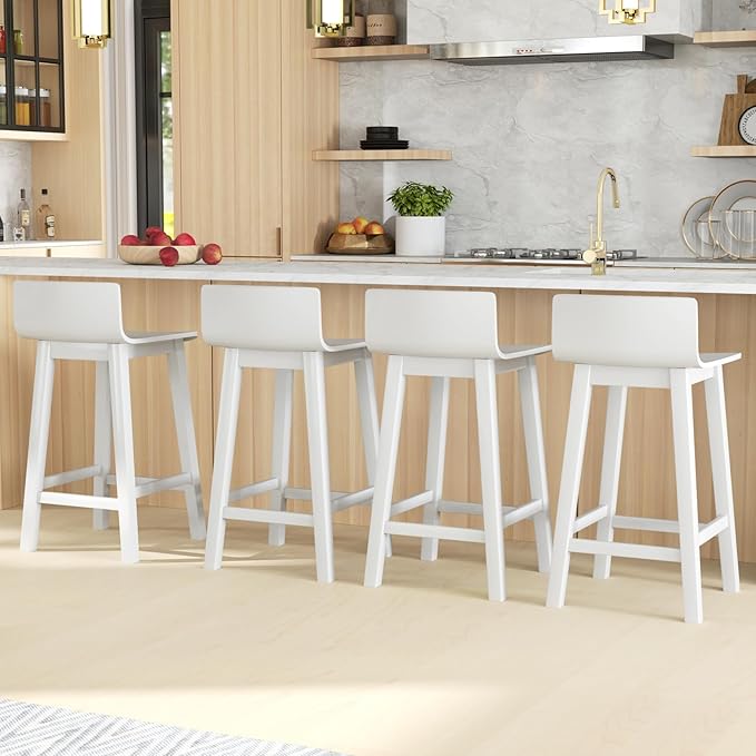 COSTWAY Solid Wood Bar Stools Set of 4, 24.5-inch Counter Height Chairs with Low Back and Footrest, Farmhouse Wooden Armless barstools for Kitchen Island, Dining Room, Cafe, Breakfast, White