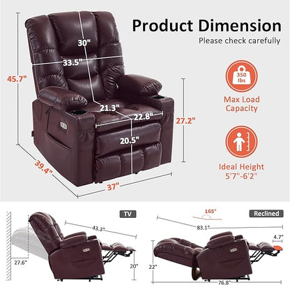 MCombo Large Triple Motor Power Lift Recliner Chair with Massage and Dual Heating, Adjustable Headrest for Tall Elderly People, Faux Leather 7634 (Wine, Large)