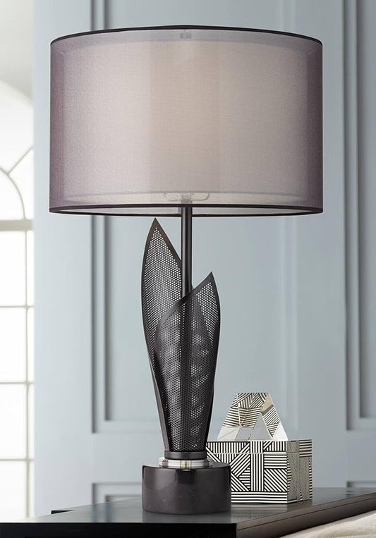 Possini Euro Design Sasha Modern Industrial Table Lamp 31 1/2" Tall Sculptural Black Metal Organza Sheer Outer White Fabric Inner Dum Shade for Bedroom Living Room House Bedside Nightstand Office