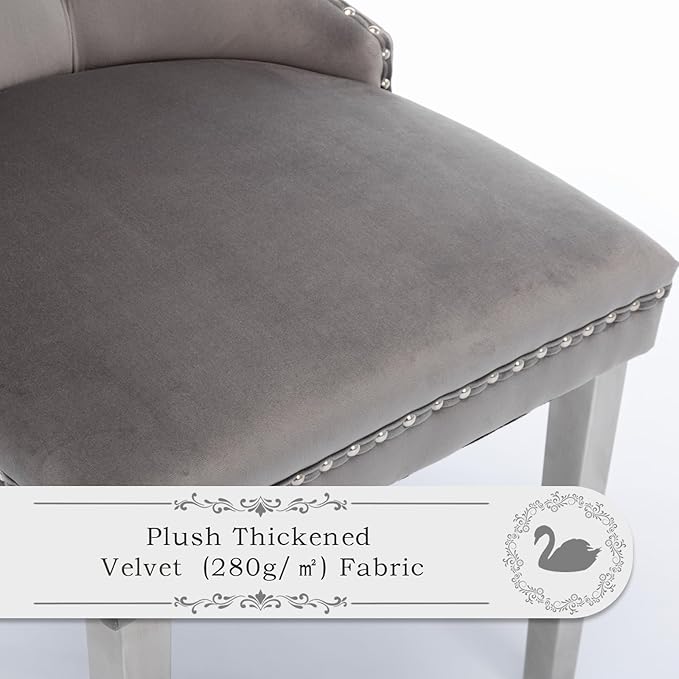 Velvet Upholstered Dining Chairs Set of 4, Modern Style Kitchen Side Chairs with Nailhead Trim and Silver Plated Leg, Metal Pulling Ring for Dining Room Living Room(Gery-Silver Plated Leg)