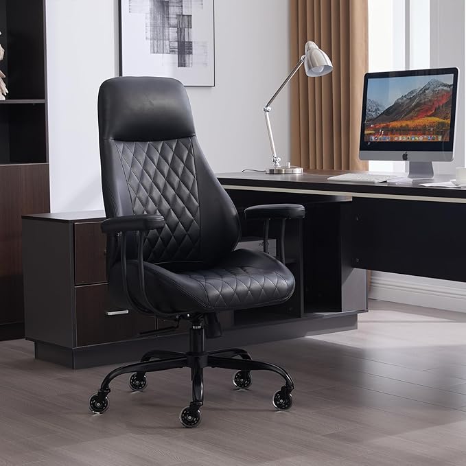 Home Office Desk Chair, Ergonomic High Back Leather Computer Chair with Lumbar Support, Adjustable Height & Recline, Swivel Executive Office Chair with Armrests and Rubber Casters, Black