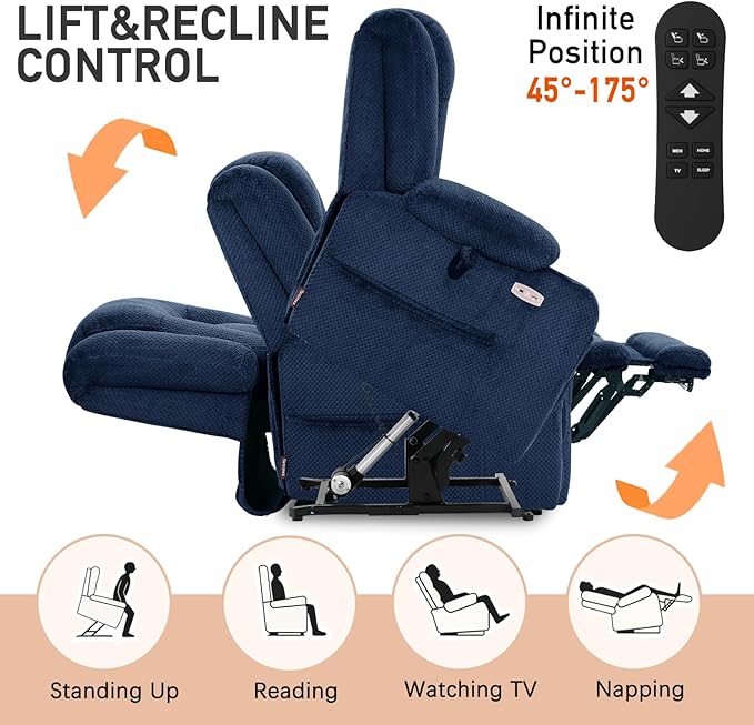 EONIX Lay Flat Power Lift Recliner Chair with Heat and Massage, Dual Motor Electric Lift Chair for Elderly for Postoperative Recovery, 400lbs Heavy Duty, Cup Holders, Lumbar Pillow, Navy Blue
