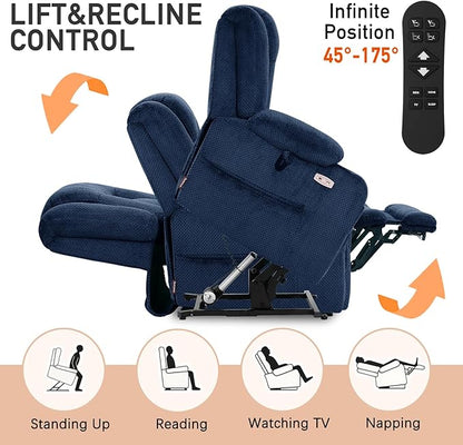 EONIX Lay Flat Power Lift Recliner Chair with Heat and Massage, Dual Motor Electric Lift Chair for Elderly for Postoperative Recovery, 400lbs Heavy Duty, Cup Holders, Lumbar Pillow, Navy Blue
