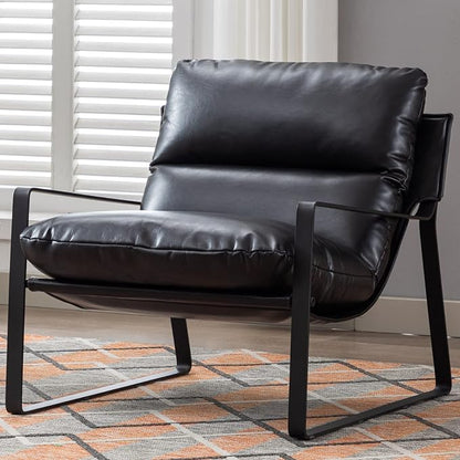 Mid-Century Accent Chair, Comfy PU Leather Side Chair with Armrest, Upholstered Leisure Chair with Black Metal Frame for Living Room Bedroom Reception Room, Black