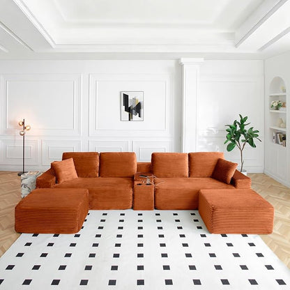 150" Oversized Modular Sectional Sofa,Deep Seat Cloud Corduroy Boneless Couch with Cup Holders,USB Ports, Wireless Charging & Storage Box,Upholstered Modular Sleeper Sofa for Living Room (Orange)