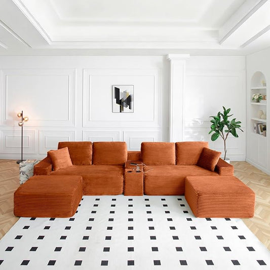 150" Oversized Modular Sectional Sofa,Deep Seat Cloud Corduroy Boneless Couch with Cup Holders,USB Ports, Wireless Charging & Storage Box,Upholstered Modular Sleeper Sofa for Living Room (Orange)