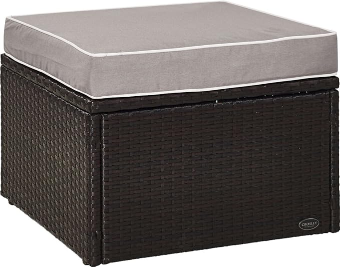 Crosley Furniture Palm Harbor Wicker Outdoor Ottoman Foot Rest for Patio, Deck, Porch, Brown with Gray Cushions