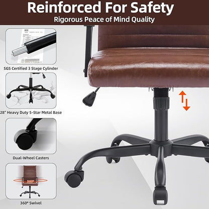 Office Chair, Ergonomic Executive Conference Room Chairs, Ribbed Leather Desk Chair with Lumbar Support, Adjustable Height Mid-Back Swivel Chair with Padded Seat and Square Tube Armrests