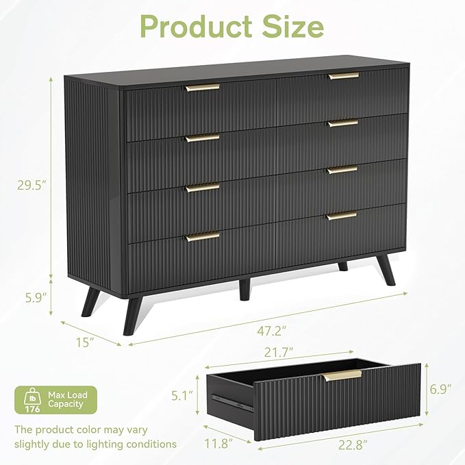 Black Fluted 8 Drawer Dresser for Bedroom, Chest of Drawers with Solid Wood Legs, Modern Dresser Chest Cabinet Organizer with Golden Handles, Beside Table for Closet,