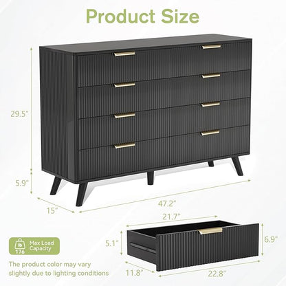 Black Fluted 8 Drawer Dresser for Bedroom, Chest of Drawers with Solid Wood Legs, Modern Dresser Chest Cabinet Organizer with Golden Handles, Beside Table for Closet,
