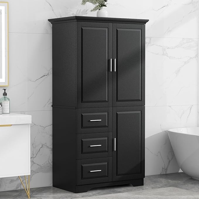 Merax 62.2" Wide Storage Cabinet Pantry Cupboard with Doors and Drawers for Home Kitchen, Bathroom and Living Room, Adjustable Shelf, Black