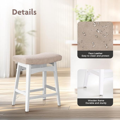 ALPHA HOME Bar Stools Set of 1, Solid Wood Saddle Kitchen Stools with Grey PU Leather Cushion Counter Height Barstools with Wooden Base for Kitchen Dining Cafe, 24 Inch, 1PCS