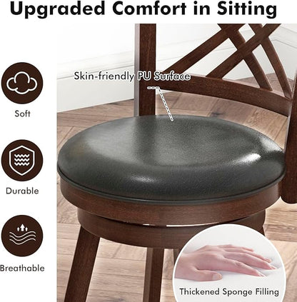 COSTWAY Bar Stool Set of 2 for Kitchen Island, Swivel Upholstered Bar Height Barstools with PU Surface, Rubber Wood Frame, 360° Rotatable Seat, Curved Back, Sturdy Footrest (2, 29" Seat Height)