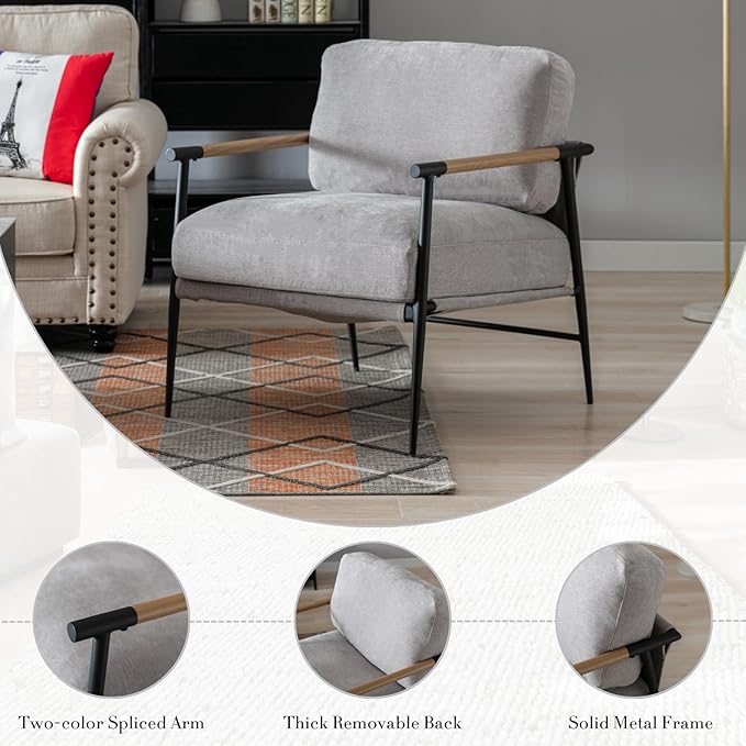 HEAH-YO Modern Accent Chair Set of 1, Upholstered Chenille Living Room Chair with Backrests, Comfy Reading Armchair for Bedroom, Gray