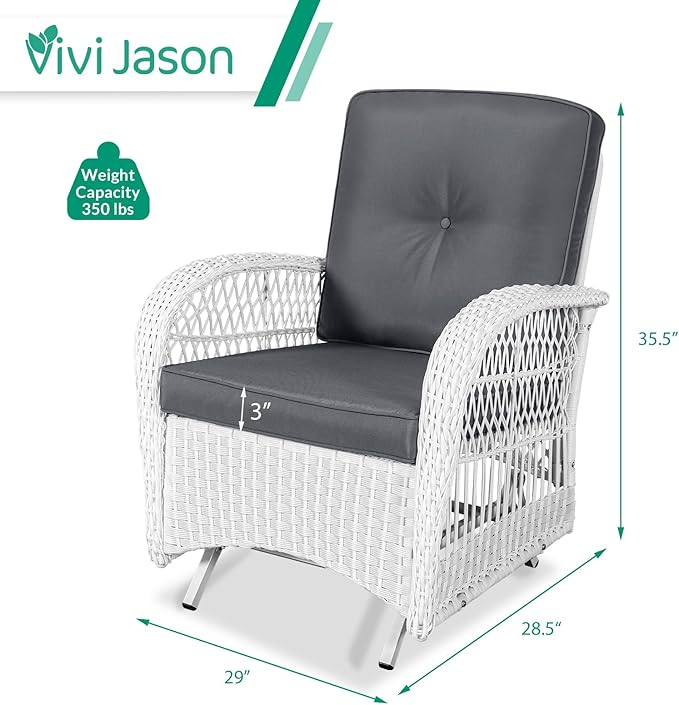 VIVIJASON 2-Piece Outdoor White Wicker Glider Rocking Chair, Patio Rattan Swing Glider Chairs with Cushions & Steel Frame, All-Weather Gliding Lawn Wicker Furniture for Garden Backyard Porch, Grey