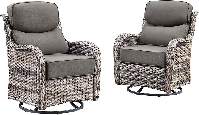 HUMMUH Outdoor Patio Wicker Swivel Rocker Chairs Set of 2 with 6-Inch Thick Cushion High Back Wicker Conversation Set for Porch Balcony Deck
