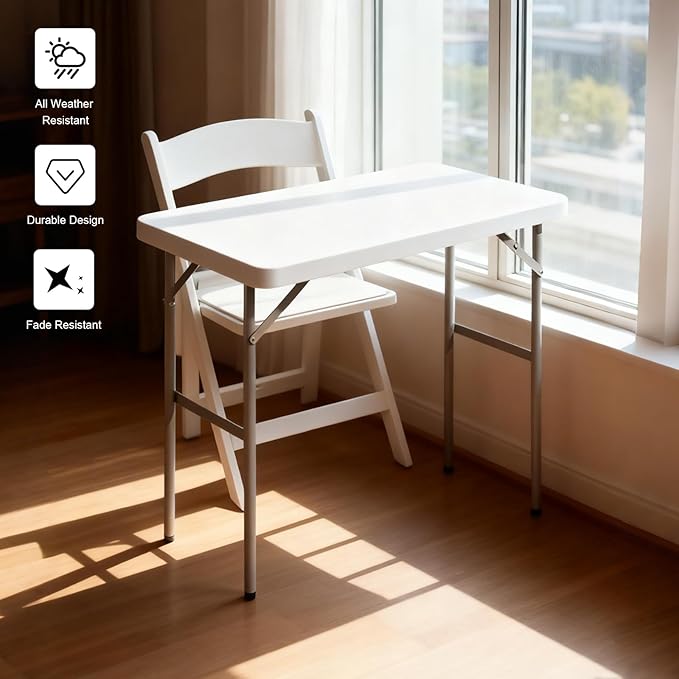 Folding Table Rectangular All-Occasion Plastic Folding Event Table for Indoor and Outdoor, Portable Desk, Camping, Durable and Stable, HDPE and Steel (White, 2.7ft + 1 Chair)