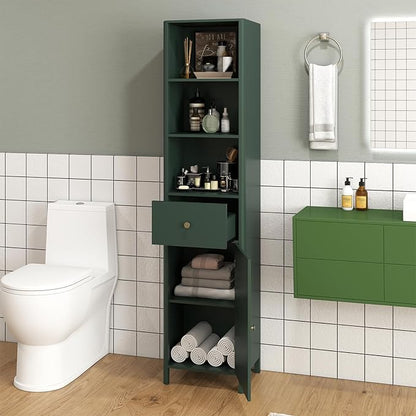 Tangkula 67" Tall Bathroom Cabinet, Narrow Floor Cabinet w/Fluted Door, 3 Open Shelves & 1 Drawer, Freestanding Storage Organizer w/Adjustable Shelf & Anti-tip Kit for Kitchen, Living Room (Green)