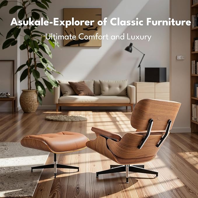 Top Grain Leather, Mid Century Chaise Lounge Chair and Ottoman, Modern Chair Classic Design, Heavy Duty Base Support for Living Room Study Lounge Office, Walnut-Brown