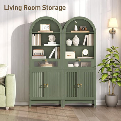 66" Tall Bathroom Storage Cabinet with Flip Drawer, Freestanding Storage Cabinet with Doors & Shelves,Arched Cabinets for Bathroom, Living Room, Kitchen, Laundry, Green