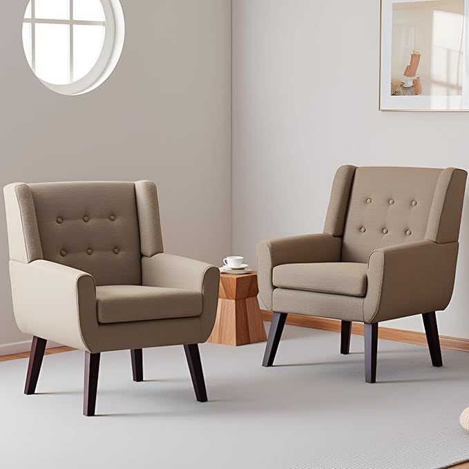 HUIMO Living Room Accent Chair Set of 2, Upholstered Button Tufted Armchair with Wooden Legs, Linen Fabric Sofa Chairs for Bedroom, Living Room, Mid-Century Modern Comfy Reading Chair (2 PCS, Brown)