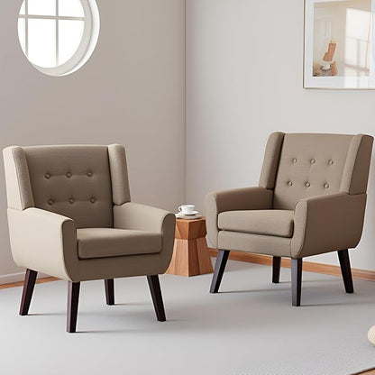 HUIMO Living Room Accent Chair Set of 2, Upholstered Button Tufted Armchair with Wooden Legs, Linen Fabric Sofa Chairs for Bedroom, Living Room, Mid-Century Modern Comfy Reading Chair (2 PCS, Brown)