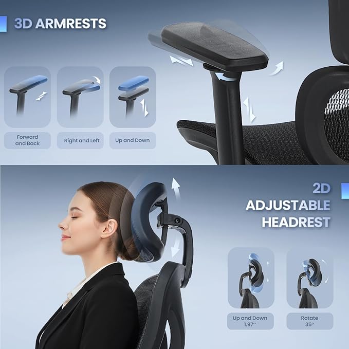 Ergonomic Mesh Office Chair with Adjustable Headrest, Lumbar Support, 3D Armrests & 4-Level Recline, Breathable Full Mesh Desk Chair for Home Office, 300LBS