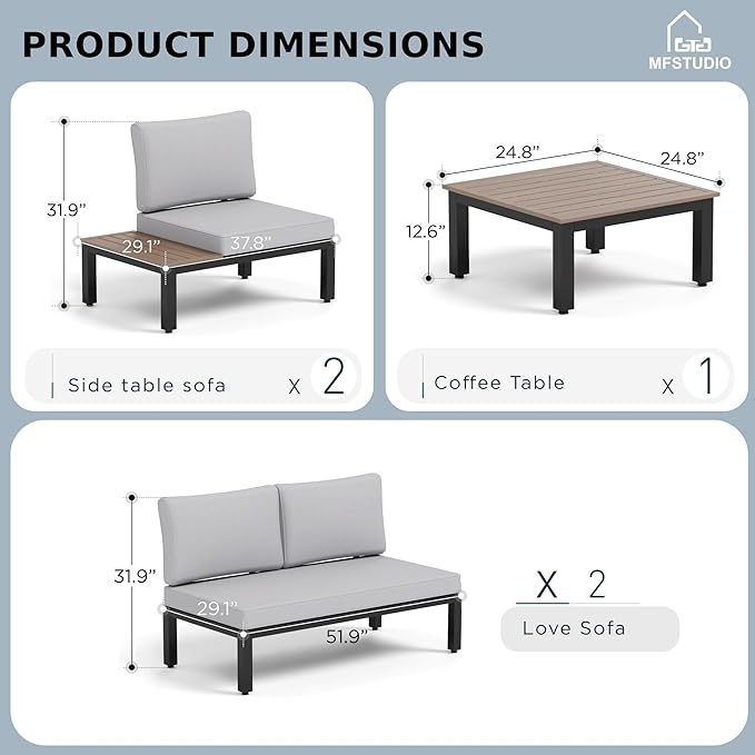 MFSTUDIO 5 Pieces Patio Furniture Set,Outdoor Metal Frame Patio Sectional Sofa Conversation Set with Coffee Table&Removable Cushion for Backyard,Garden,Poolside