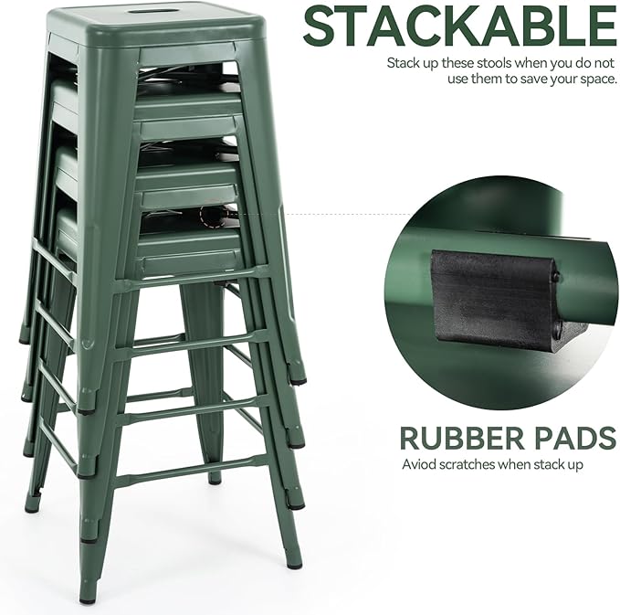 Vogue Furniture Direct 24 Inch Metal Bar Stools, Backless Counter Height Barstools, Indoor Outdoor Stackable Stools with Square Seat, Set of 4 (Dark Green)