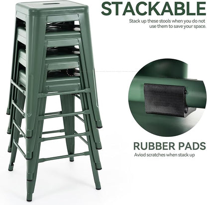 Vogue Furniture Direct 24 Inch Metal Bar Stools, Backless Counter Height Barstools, Indoor Outdoor Stackable Stools with Square Seat, Set of 4 (Dark Green)