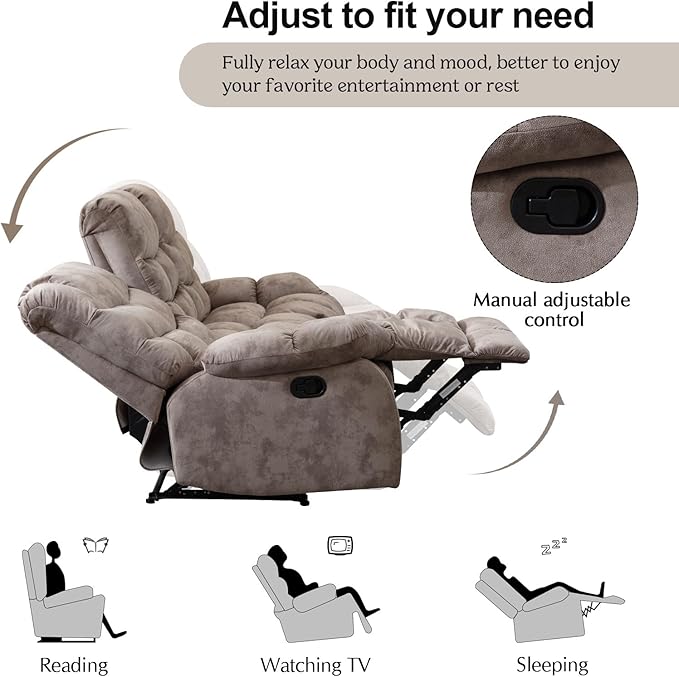 CANMOV Manual Reclining Sofa, 3 Seat Recliner Sofa with Armrest and Overstuffed Backrest, Couch Set for Living Room, Bedroom, Office, Light Brown