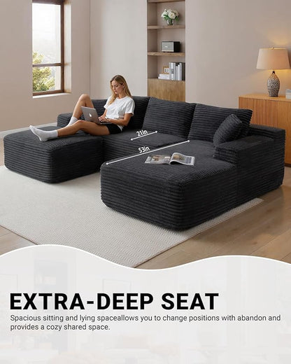 108 Inch Cloud Sectional Couch,Modern Modular Sectional Sofa with Deep Seat,Corduroy Boneless Couches with L-Shape Chaise for Living Room,No Assembly Required (Black, Right Facing Chaise + Ottoman)