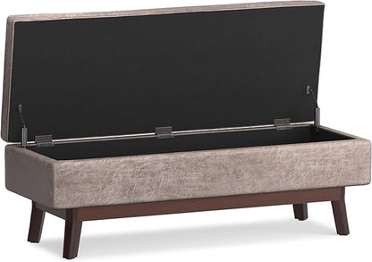SIMPLIHOME Owen 48 inch Wide Mid Century Modern Rectangle Rectangular Storage Ottoman in Distressed Grey Taupe Vegan Faux Leather, Assembled, for the Living Room, Entryway and Family Room