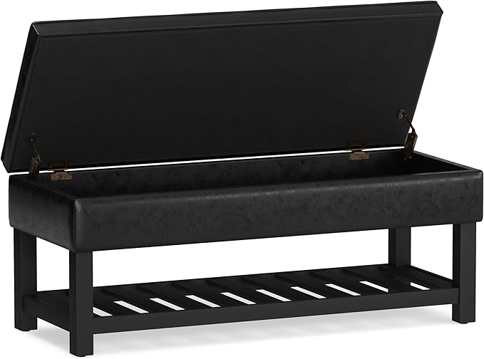 SIMPLIHOME Cosmopolitan 44 inch Wide Transitional Rectangle Storage Ottoman Bench with Open Bottom in Distressed Black Vegan Faux Leather, Assembled for the Living Room and Bedroom
