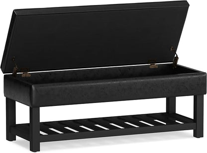 SIMPLIHOME Cosmopolitan 44 inch Wide Transitional Rectangle Storage Ottoman Bench with Open Bottom in Distressed Black Vegan Faux Leather, Assembled for the Living Room and Bedroom