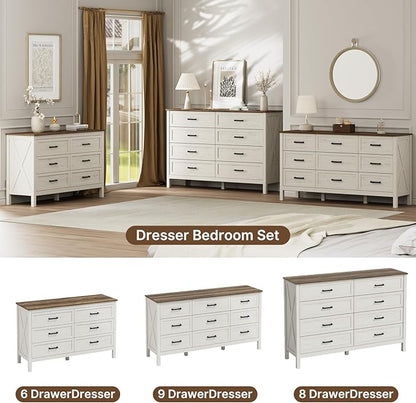 LYNSOM Farmhouse 9 Drawers Dresser for Bedroom, 55" Wide Wood Rustic Chest of Drawers with Natural Texture, Metal Handle, Storage Dressers Organizer for Entryway, Hallway, Antique White