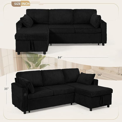 84" Corduroy Pull Out Sofa Bed w/Adjustable Backrests, Sectional L-Shape Sleeper Sofa w/Storage Chaise, Convertible Couch Bed w/USB Charging Port & Cup Holders for Living Room, House, Black