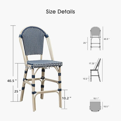 PURPLE LEAF French Counter Height Bar Stool Set of 4 25" White Print Finish Patio Bar Chairs with Back Rattan Bar Chairs French Bistro Set for Kitchen Outdoor Counter Stool Royal Blue