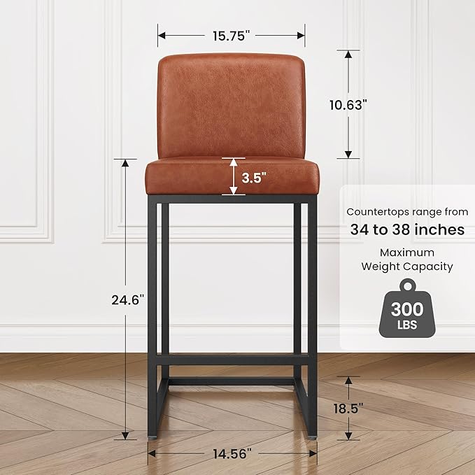 PHI VILLA Brown Leather Bar Stools Set of 4, 24 inch Counter Height Chairs, Modern Kitchen Barstools, Bar Stool with Back