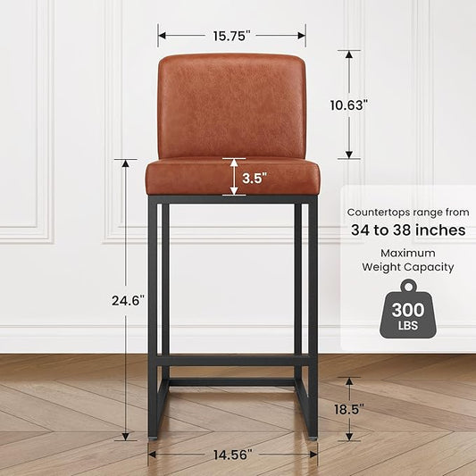 PHI VILLA Bar Stools Set of 2 - Counter Height 24'' Bar Stool Pu Leather Kitchen Modern Bar Chairs, Bar Stools with Back
