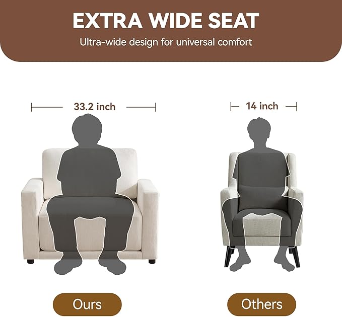 44.2" Chenille Oversized Chair with Movable Ottoman, Modular 1 Seat Couch with Thickened Cushions, Modern Single Sofa Chaise Lounge Reading Chair for Living Room, Small Apartment, White