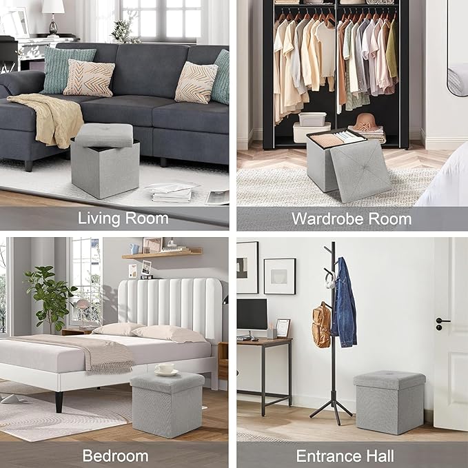 VECELO Storage Ottoman, 11.8'' Folding Footstools, Multipurpose Foot Rest Stool, Foldable Linen Fabric Ottomans, Small Square Ottoman Cube for Living Room/Bed Room/Dorm, Grey