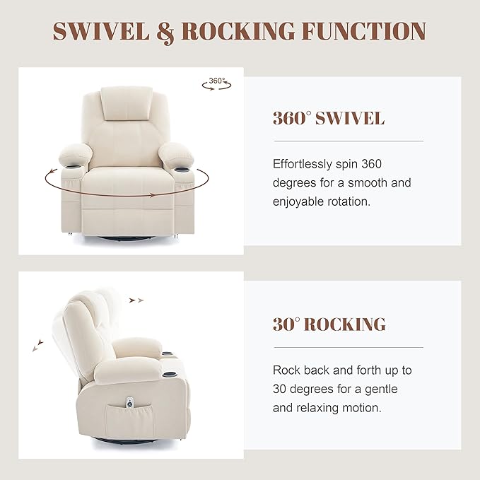Oversized Swivel Rocker Recliner Sofa Chair with Heat and Massage, Large Big Recliner for Living Room,360 Degree Swivel Rocking Single Sofa with Cup Holders and USB Port(Fabric, Light Beige)