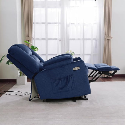 MCombo Power Lift Recliner Chair with Massage and Heat for Elderly People, Cup Holders, USB Ports, Side Pockets, Fabric 7529 (Medium, Navy Blue)