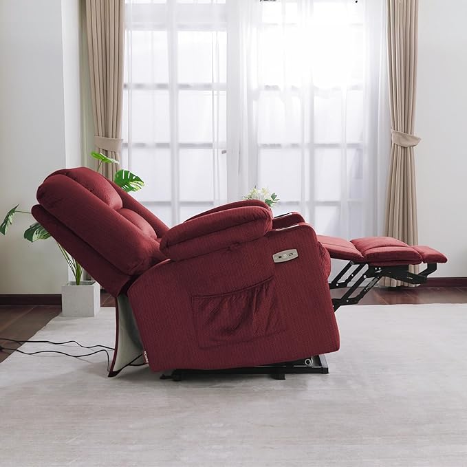 MCombo Small Power Lift Recliner Chair with Massage and Heat for Petite People, Cup Holders, USB Ports, Side Pockets, Fabric 7569 (Small-Regular, Burgundy)