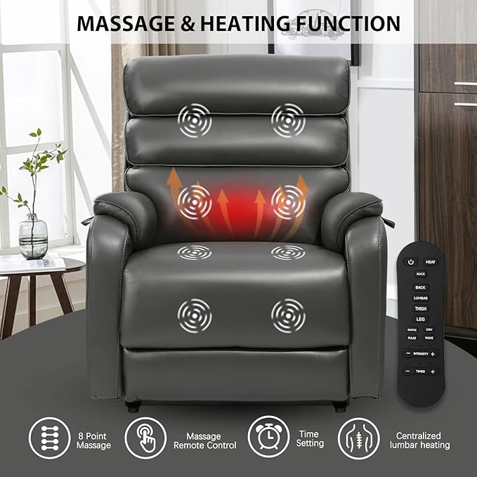 EONIX Wide Lay Flat Power Lift Recliner Chair for Elderly, Heavy Duty Oversized Breathable Faux Leather Lift Chairs Recliner Sofa with Heat and Massage and Charging Ports, Grey