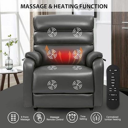 EONIX Wide Lay Flat Power Lift Recliner Chair for Elderly, Heavy Duty Oversized Breathable Faux Leather Lift Chairs Recliner Sofa with Heat and Massage and Charging Ports, Grey