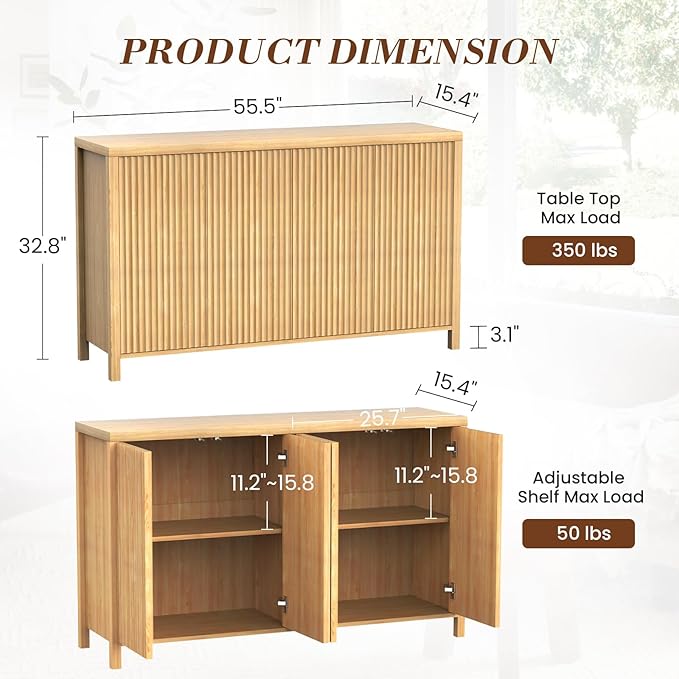 YOUDENOVA Fluted Buffet Cabinet with Storage Set of 2, Modern Sideboard Cabinets with 4 Doors & Adjustable Shelves, Accent Credenza Storage Cabinet, Wood Entryway Cabinet for Living Room, Natural