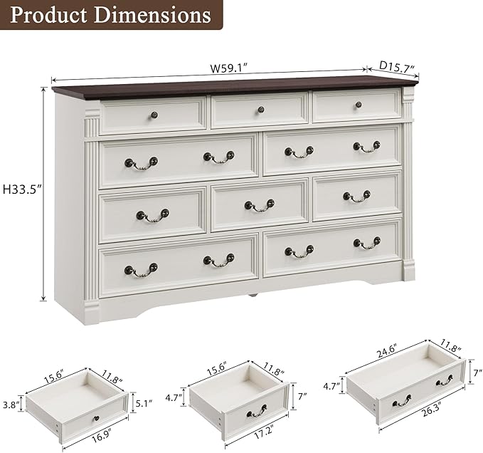 Yaamizz 60" Wide 10 Drawer Dresser Storage for Bedroom, Farmhouse Dresser with Wood Pilasters & Metal Handles, Drawer Organizer for Bedroom, Vintage Design, Hallway, White