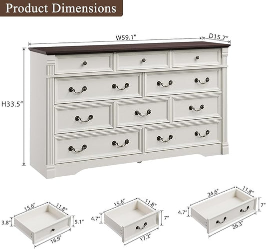 Yaamizz 60" Wide 10 Drawer Dresser Storage for Bedroom, Farmhouse Dresser with Wood Pilasters & Metal Handles, Drawer Organizer for Bedroom, Vintage Design, Hallway, White